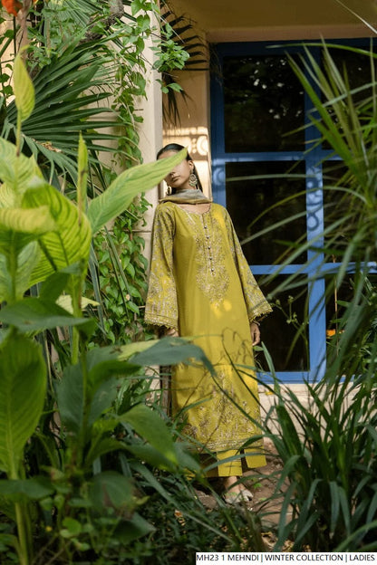 Pakistani women's canary yellow khaddar straight winter shirt back view