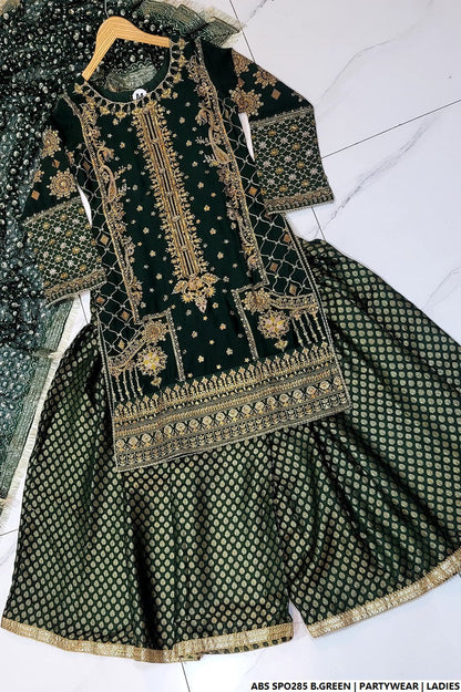 Pakistani women's bottle green chiffon straight shirt plazo back view