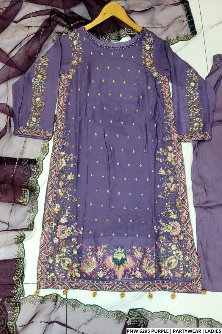 Pakistani women's purple chiffon straight shirt plazo full view