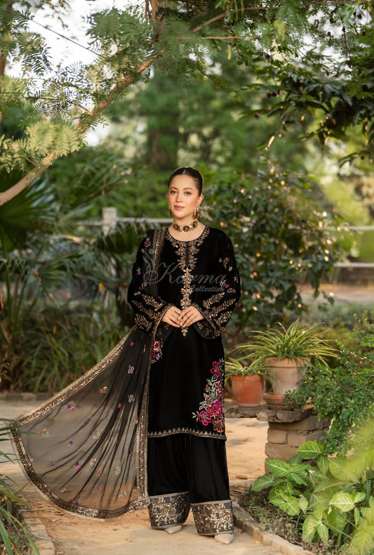 Velvet long kaftan plazo black - Pakistani women's luxury winter formal wear with silk dupatta front view