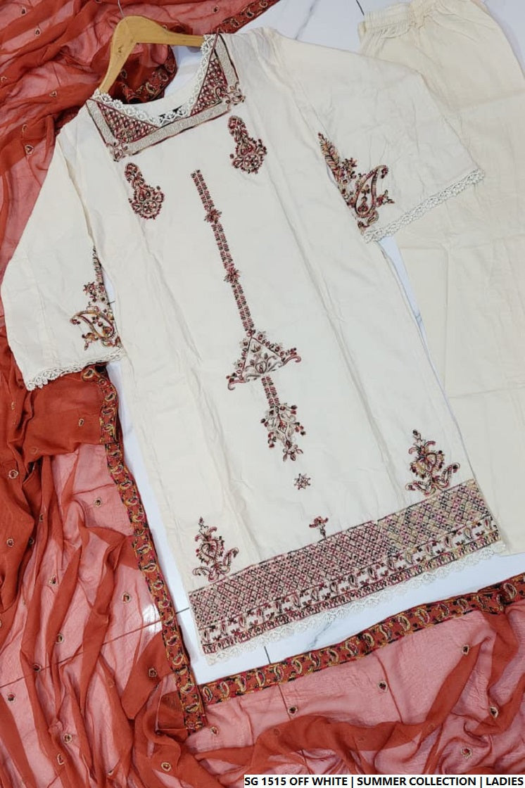 Pakistani women's off white lawn A-Line casual outfit back view
