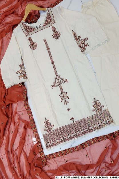 Pakistani women's off white lawn A-Line casual outfit back view