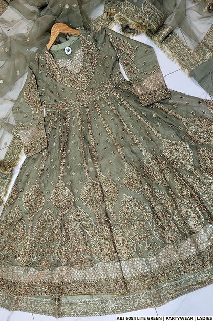 Pakistani women's light green chiffon short frock detail view
