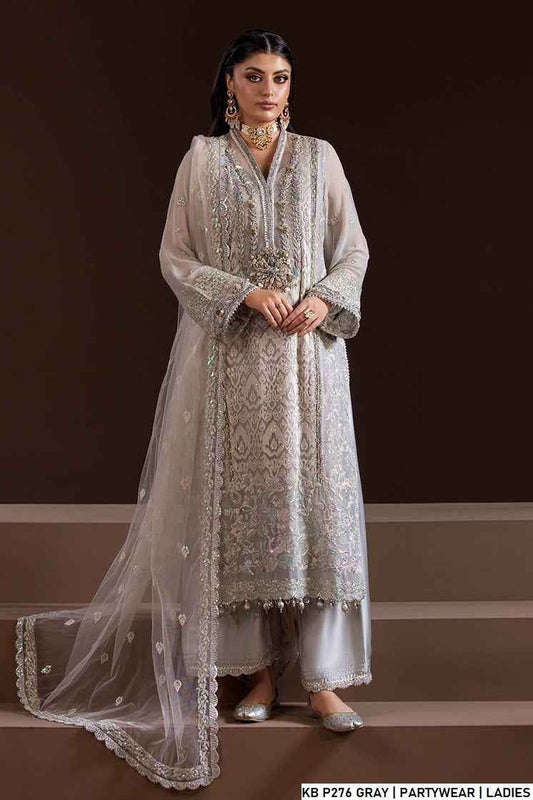 Hand embroidered luxury suit gray - Pakistani women's bridal formal wear with embroidered dupatta front view