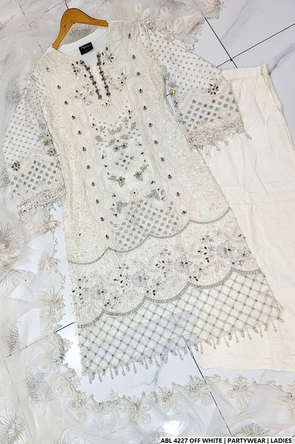 Pakistani women's off white organza A-Line shirt back view