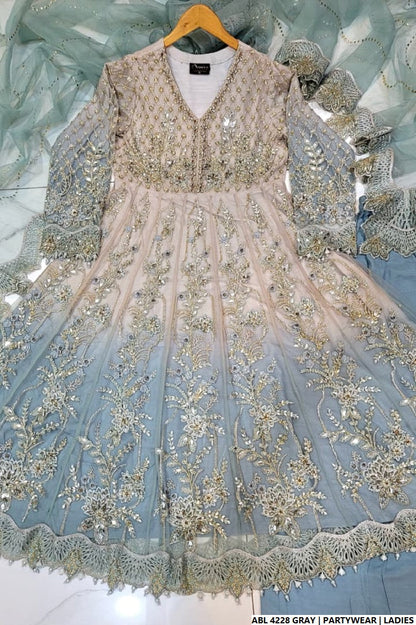 Pakistani women's grey organza A-Line shirt full view