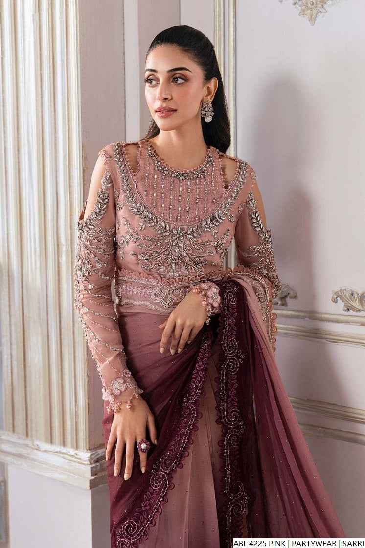 Pakistani women's pink Maria B printed saree full view