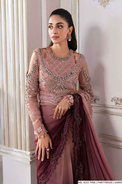 Pakistani women's pink Maria B printed saree full view