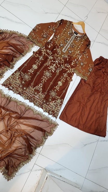 Pakistani women's brown organza straight shirt back view