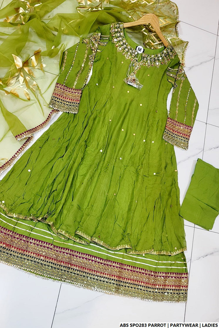 Pakistani women's parrot green chiffon straight shirt plazo back view