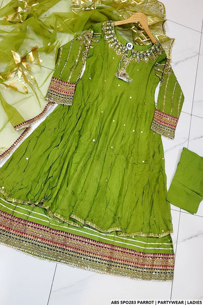 Pakistani women's parrot green chiffon straight shirt plazo back view