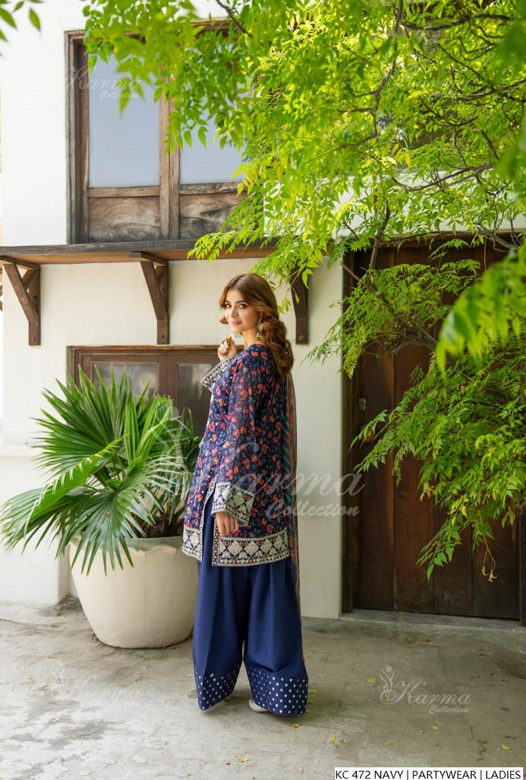 Pakistani women's navy blue silk long kaftan full view
