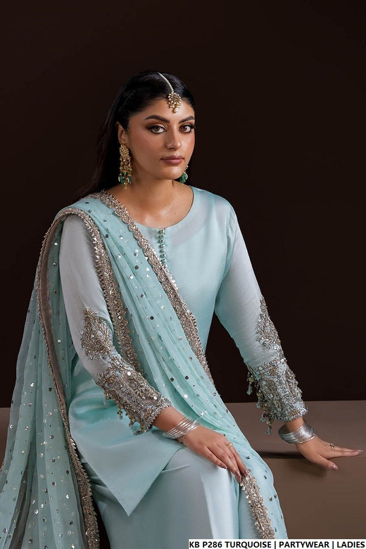 Hand embroidered luxury suit turquoise - Pakistani women's bridal formal wear with velvet fabric and embroidered dupatta front view