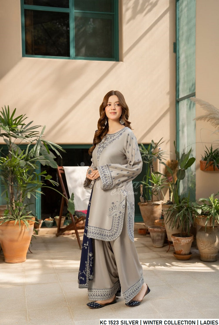 Pakistani women's silver grey silk short shirt back view