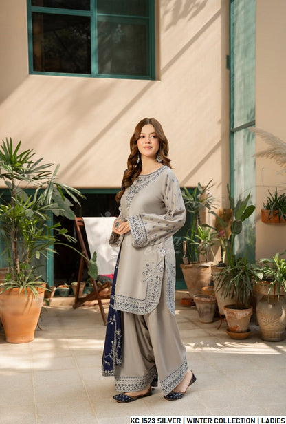 Pakistani women's silver grey silk short shirt back view