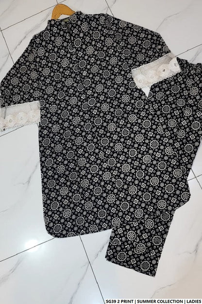 Pakistani women's lawn A-Line printed casual outfit back view