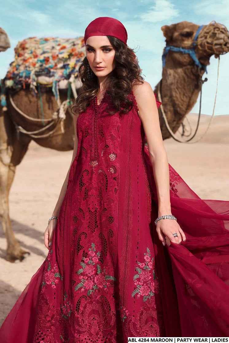 Pakistani women's maroon organza A-Line shirt back view