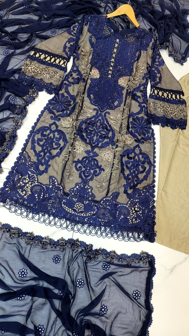 Pakistani women's navy blue organza A-Line shirt back view