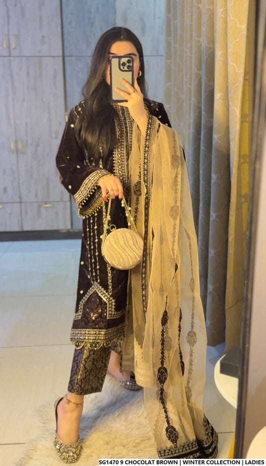 SG1470 9 Velvet Pakistani women's straight shirt with net dupatta side view
