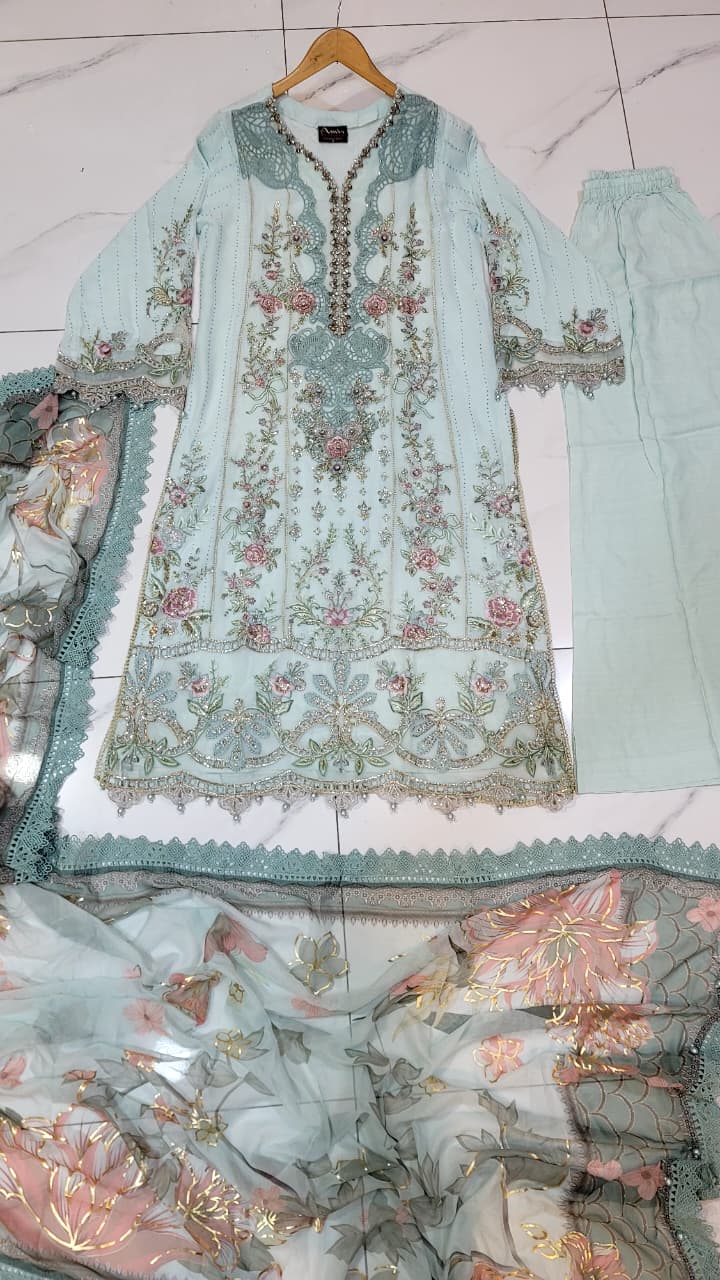 Pakistani women's icy blue chiffon A-Line shirt back view