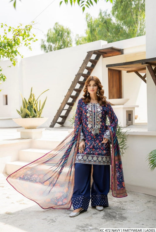 Silk long kaftan navy blue - Pakistani women's luxury formal wear with silk dupatta front view