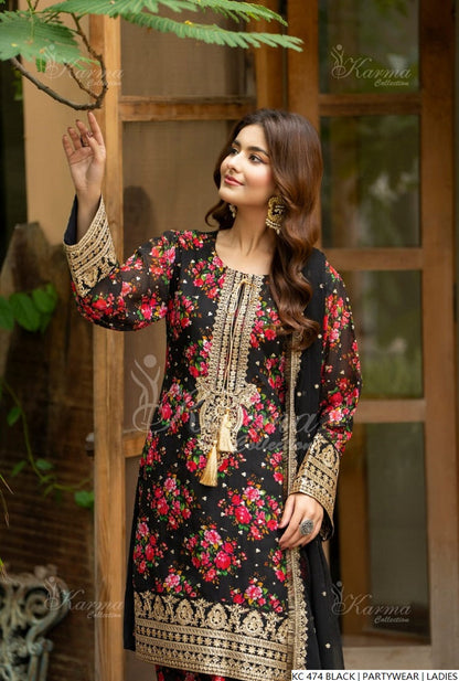 Pakistani women's black silk long kaftan back view