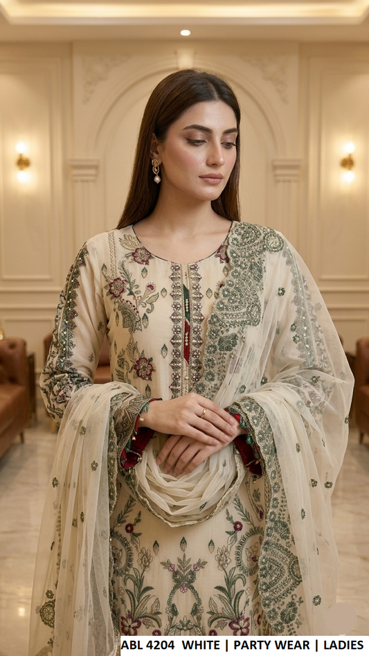 ABL 4204 WHITE - White Chiffon Straight 3-Piece Women's Pakistani Suit