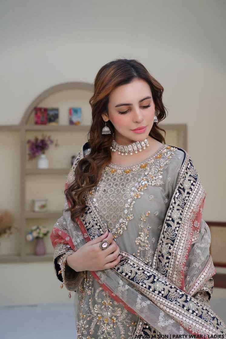 Organza straight shirt skin - Pakistani women's elegant formal wear with viscose trouser and organza dupatta front view