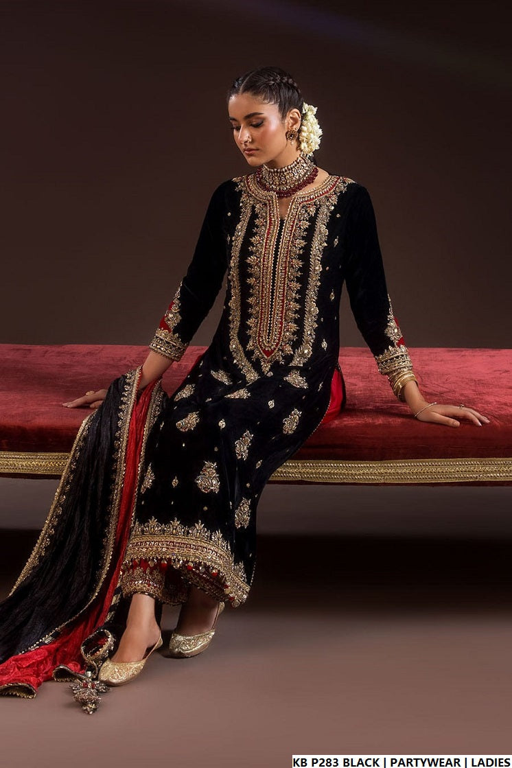 Pakistani women's black velvet hand embroidered luxury suit back view