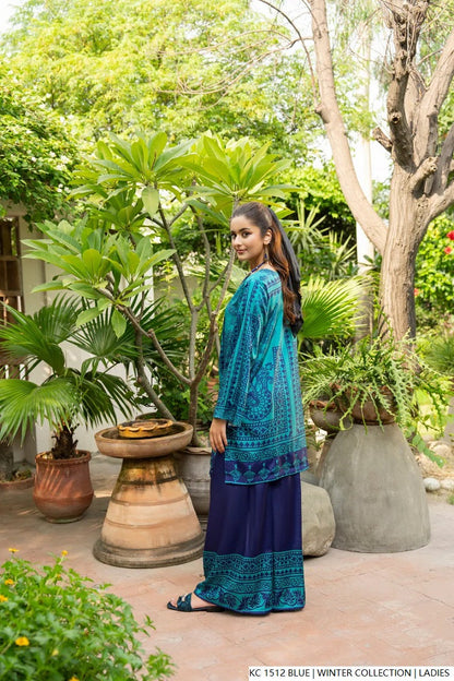Pakistani women's blue silk 2-piece formal suit back view