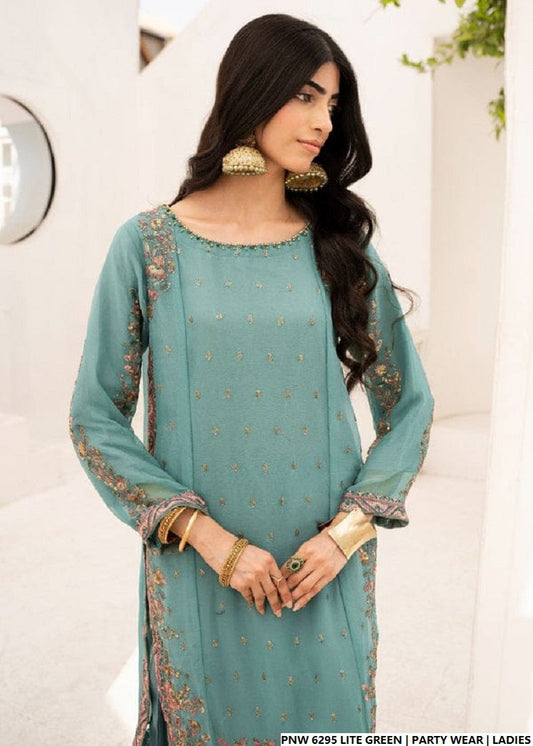 Light green chiffon Pakistani women's straight shirt with plazo side view