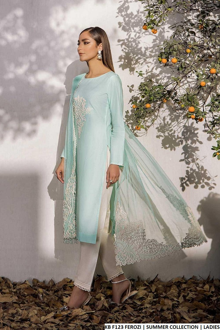 KB F123 Pakistani women's cotton lawn embroidered outfit detail view