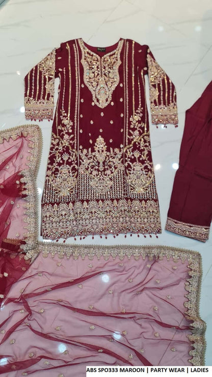 Pakistani women's maroon chiffon straight shirt plazo back view