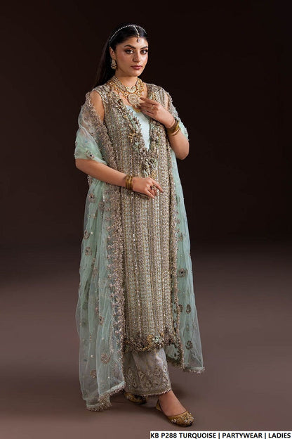 Hand embroidered luxury suit turquoise - Pakistani women's bridal formal wear with embroidered dupatta front view