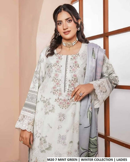 Pakistani women's mint green lawn A-Line casual outfit detail view