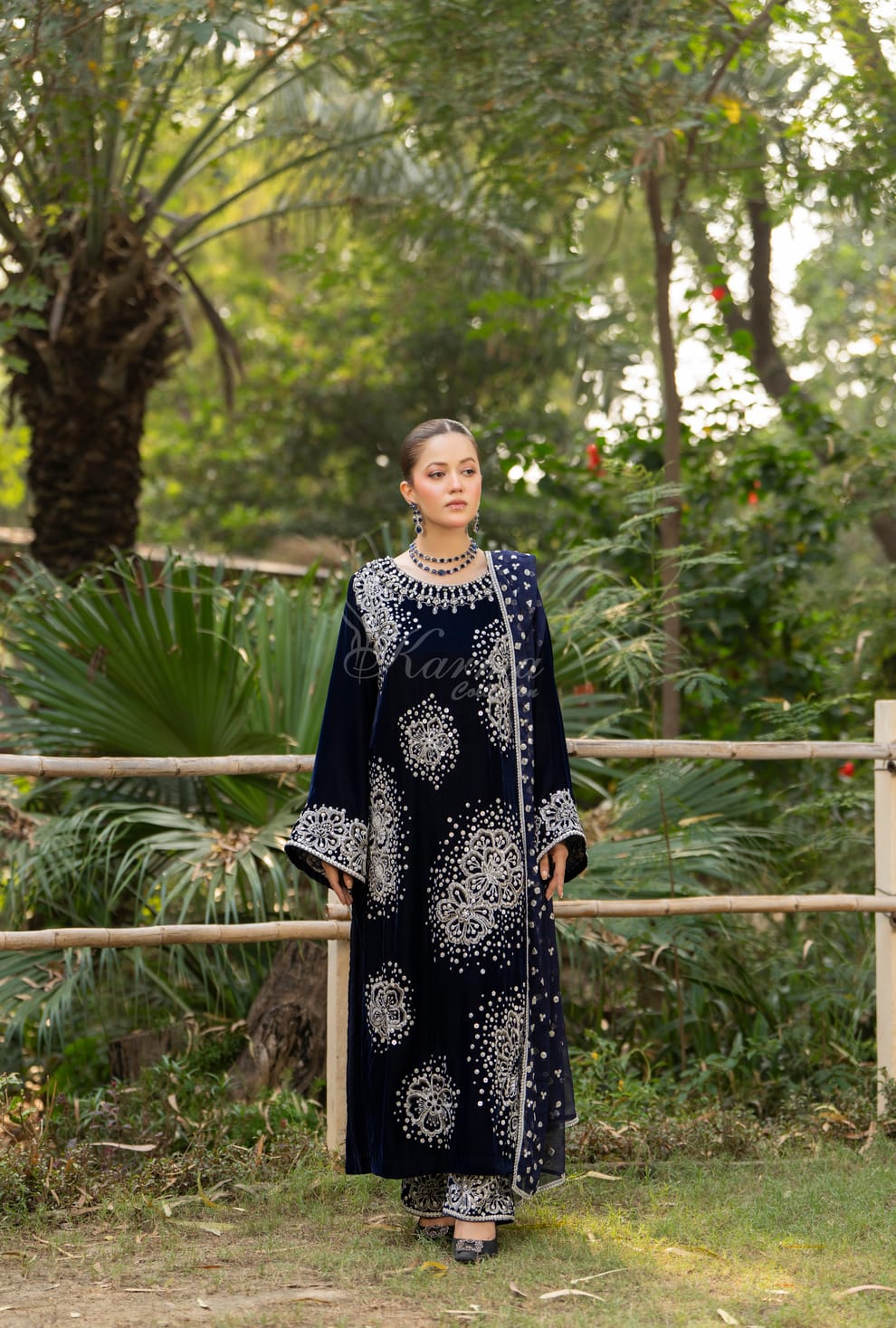 Velvet long kaftan plazo navy blue - Pakistani women's luxury winter formal wear with silk dupatta front view