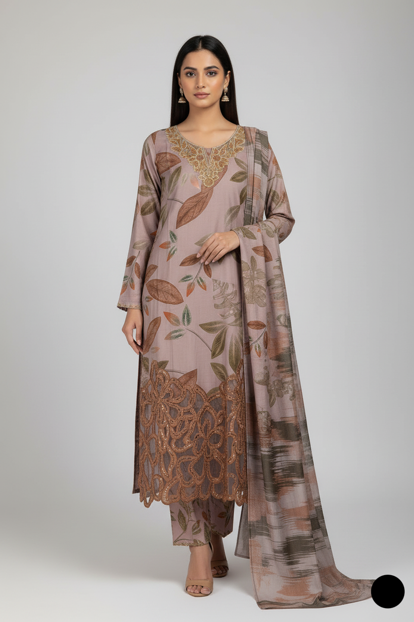 Winter cotton straight shirt ABH3 6 - Pakistani women's warm winter suit with digital printed dupatta front view