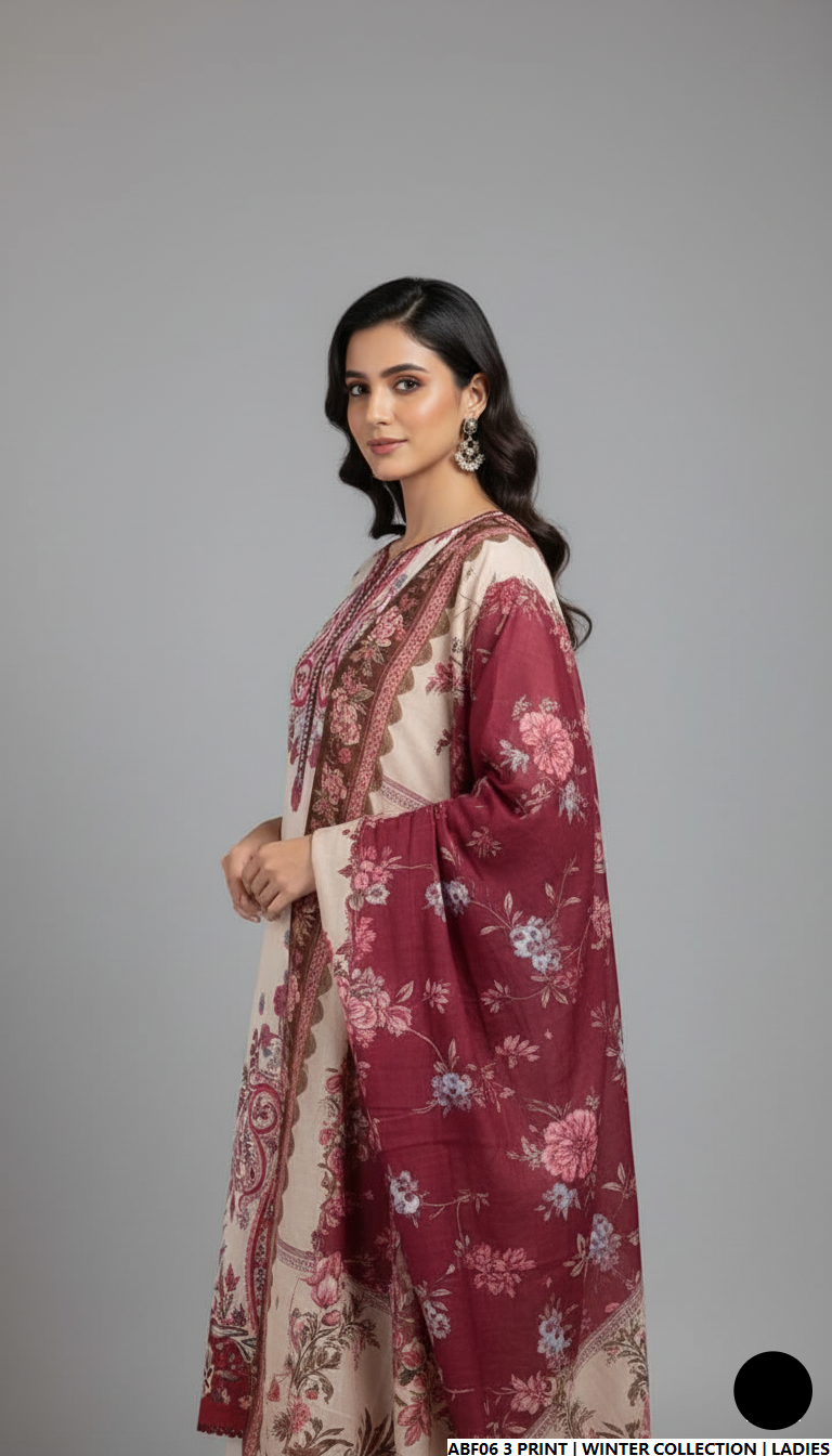 Pakistani women's khaddar printed 2-piece casual winter suit back view