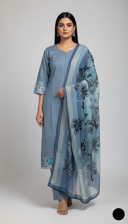 Lawn A-Line shirt grey - Pakistani women's casual summer outfit with cotton trouser and lawn dupatta front view