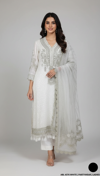 Chiffon straight shirt white - Pakistani women's elegant party wear with viscose trouser and chiffon dupatta front view