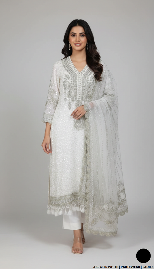 Chiffon straight shirt white - Pakistani women's elegant party wear with viscose trouser and chiffon dupatta front view