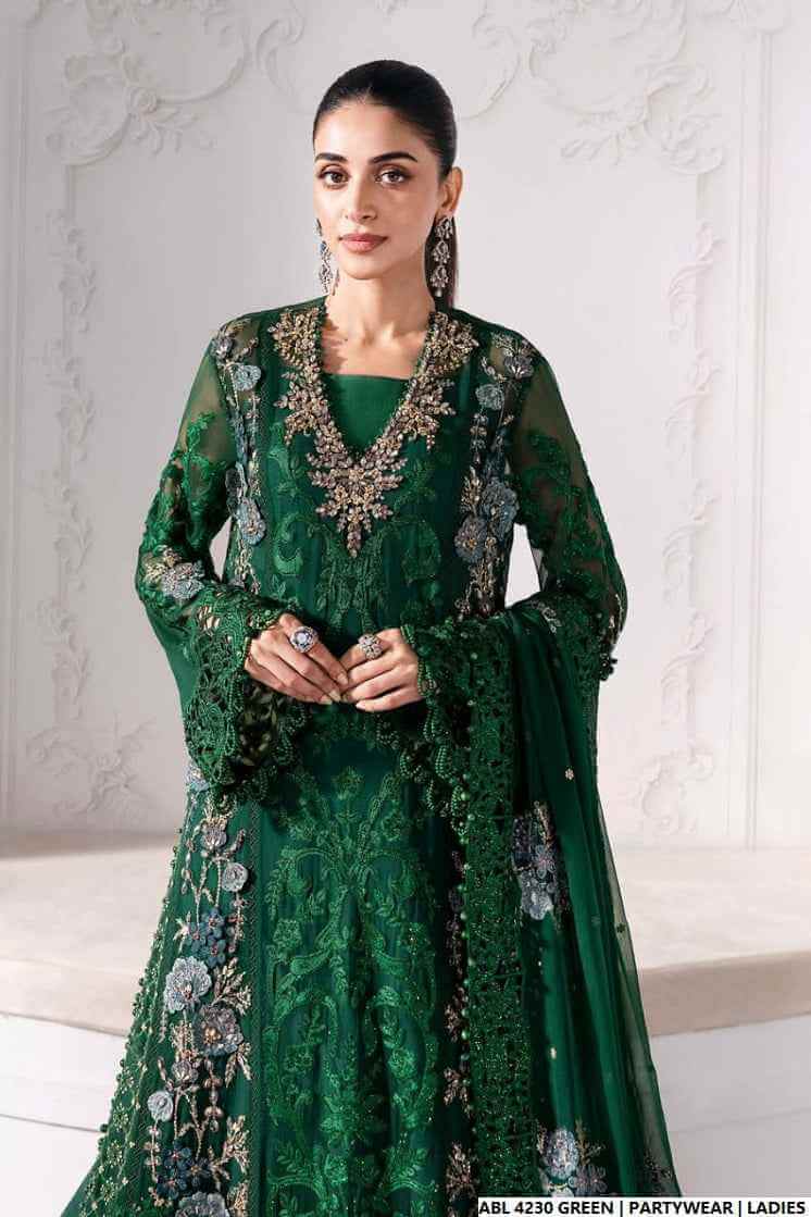 Green organza Pakistani women's A-Line shirt side view