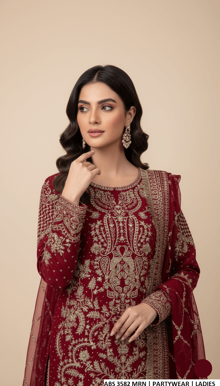 Pakistani women's maroon chiffon straight shirt shalwar detail view