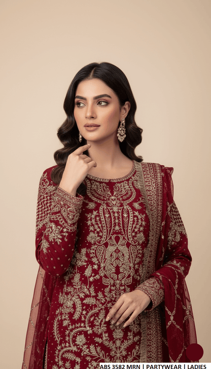 Pakistani women's maroon chiffon straight shirt shalwar detail view