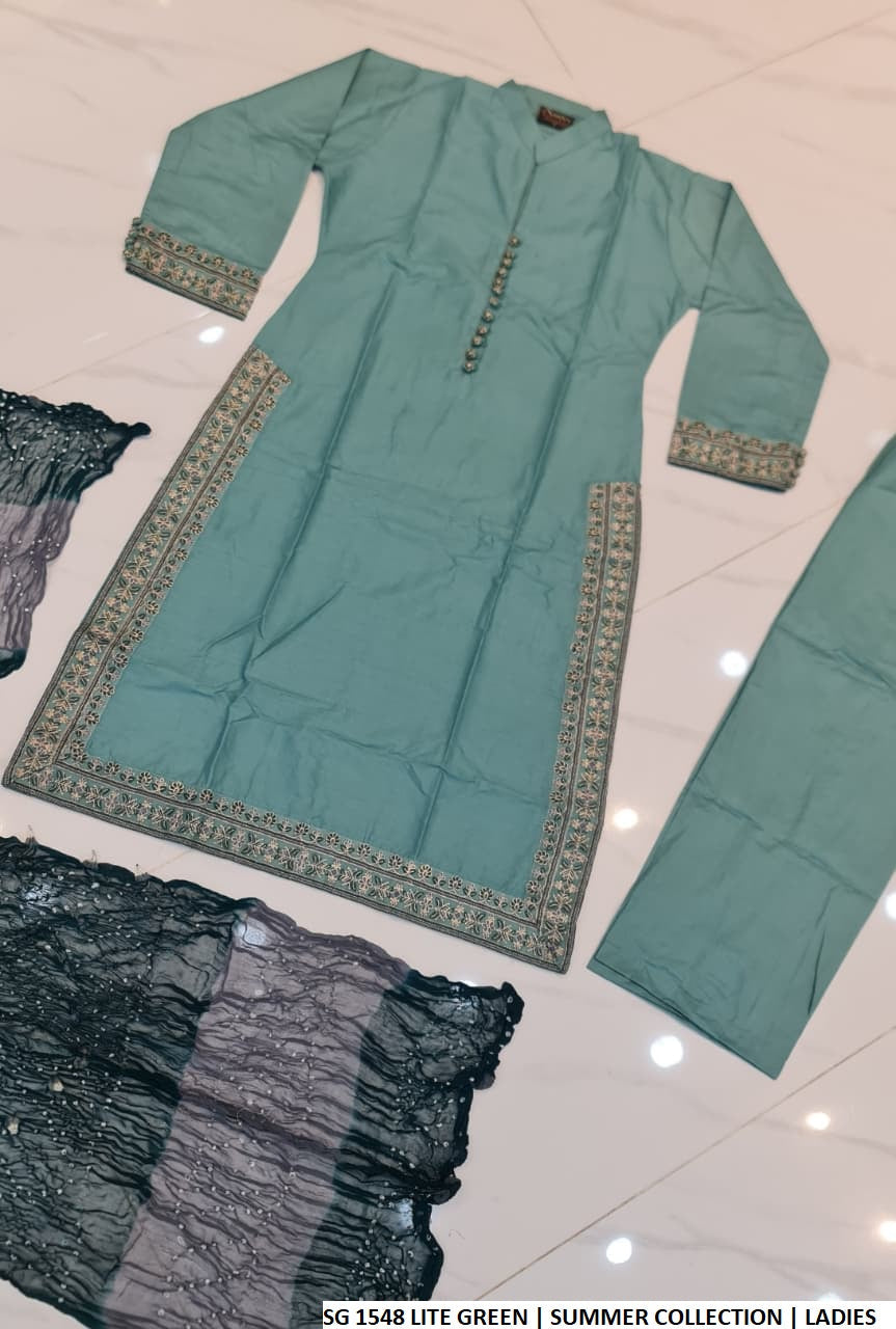 Pakistani women's light green cotton A-Line casual outfit back view