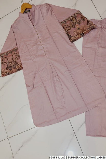 Pakistani women's lilac lawn A-Line casual outfit back view