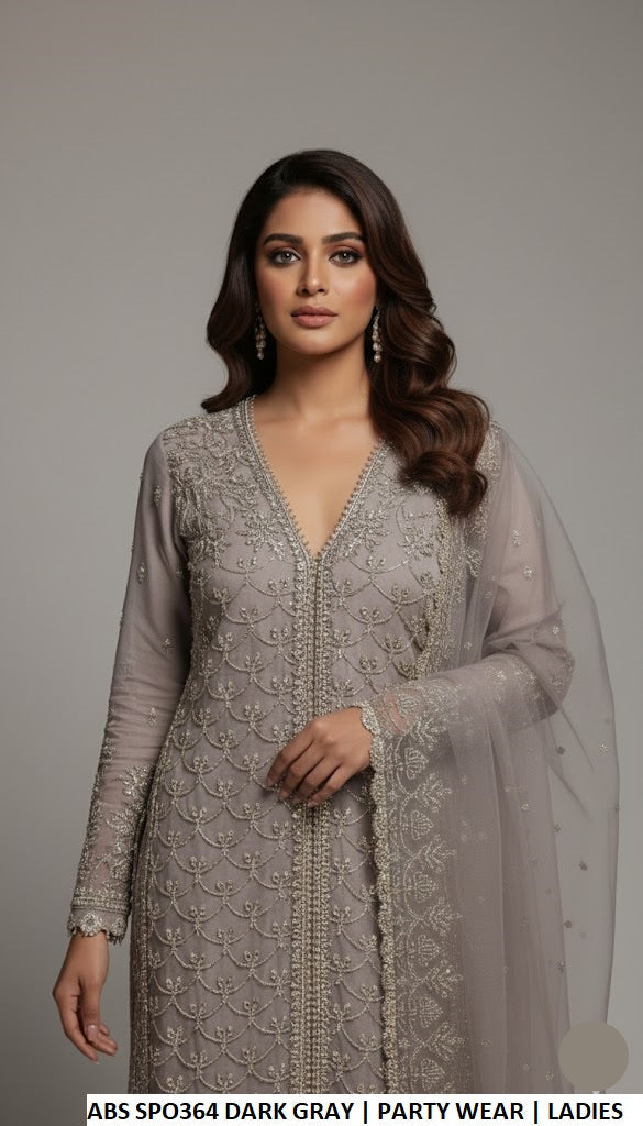 Organza straight shirt plazo dark grey - Pakistani women's formal party wear with grip plazo and organza dupatta front view