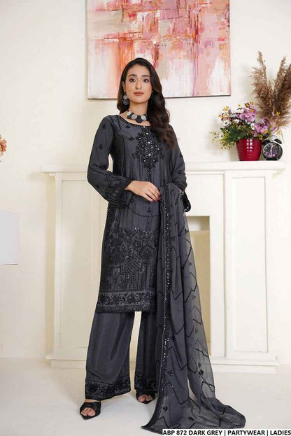 Silk straight shirt dark grey - Pakistani women's formal party wear with silk trouser and chiffon dupatta front view