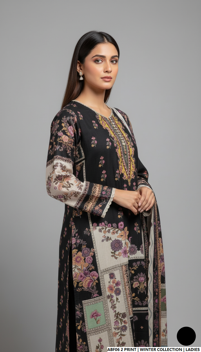 Pakistani women's khaddar printed 2-piece casual winter suit back view
