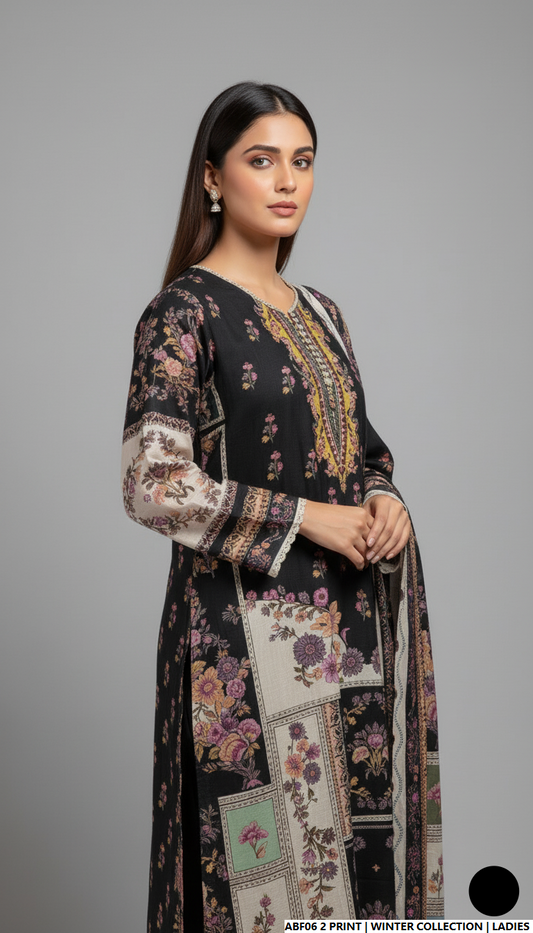 Pakistani women's khaddar printed 2-piece casual winter suit back view
